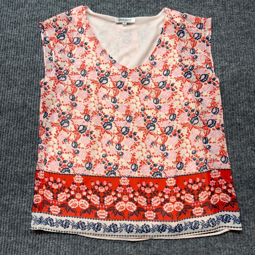 Floral Boho Blouse Red Border Cottagecore Peasant Top Cream‎ Size Small